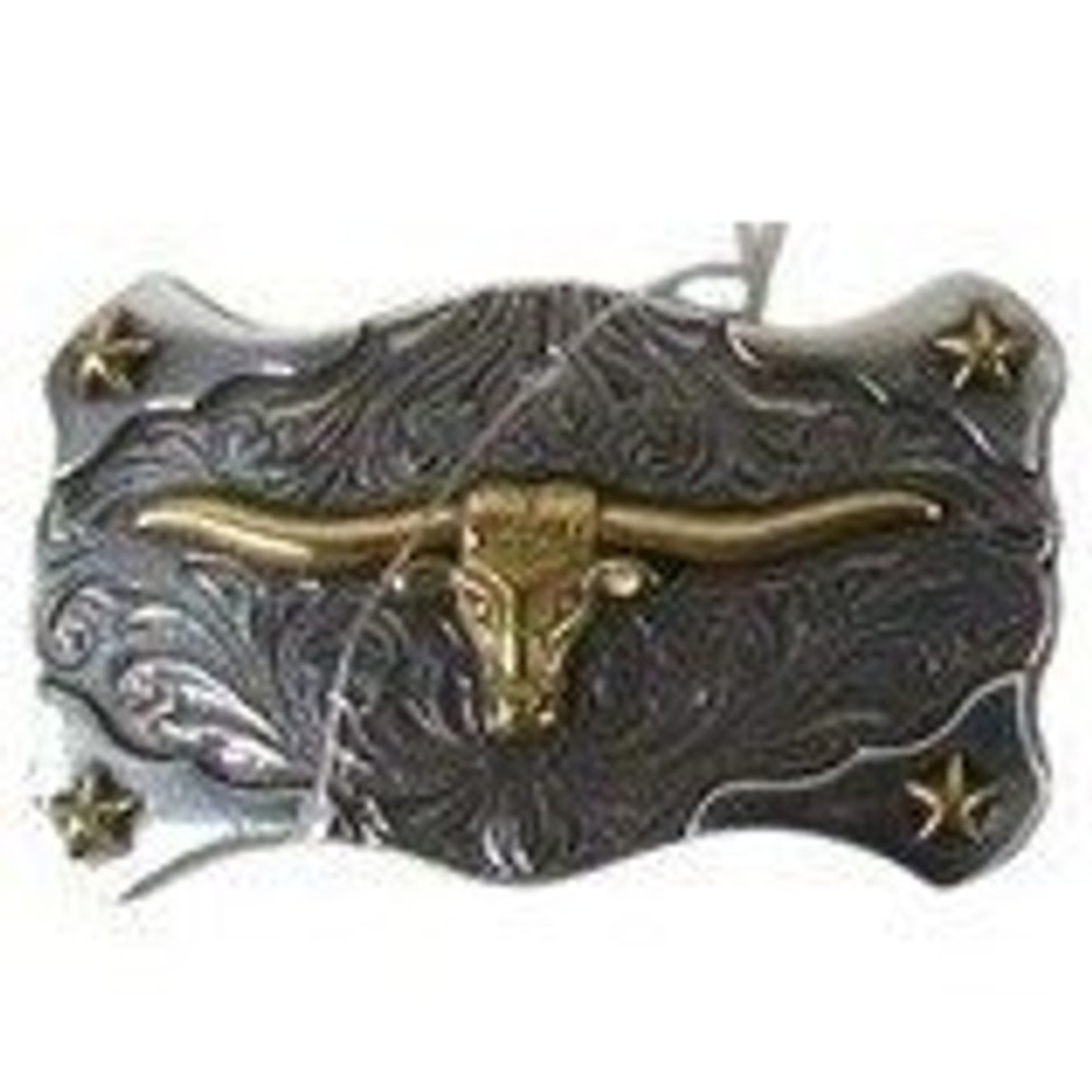 Western Longhorn Bull Belt Buckle Silver Gold Tone Floral Engraved Star Rodeo